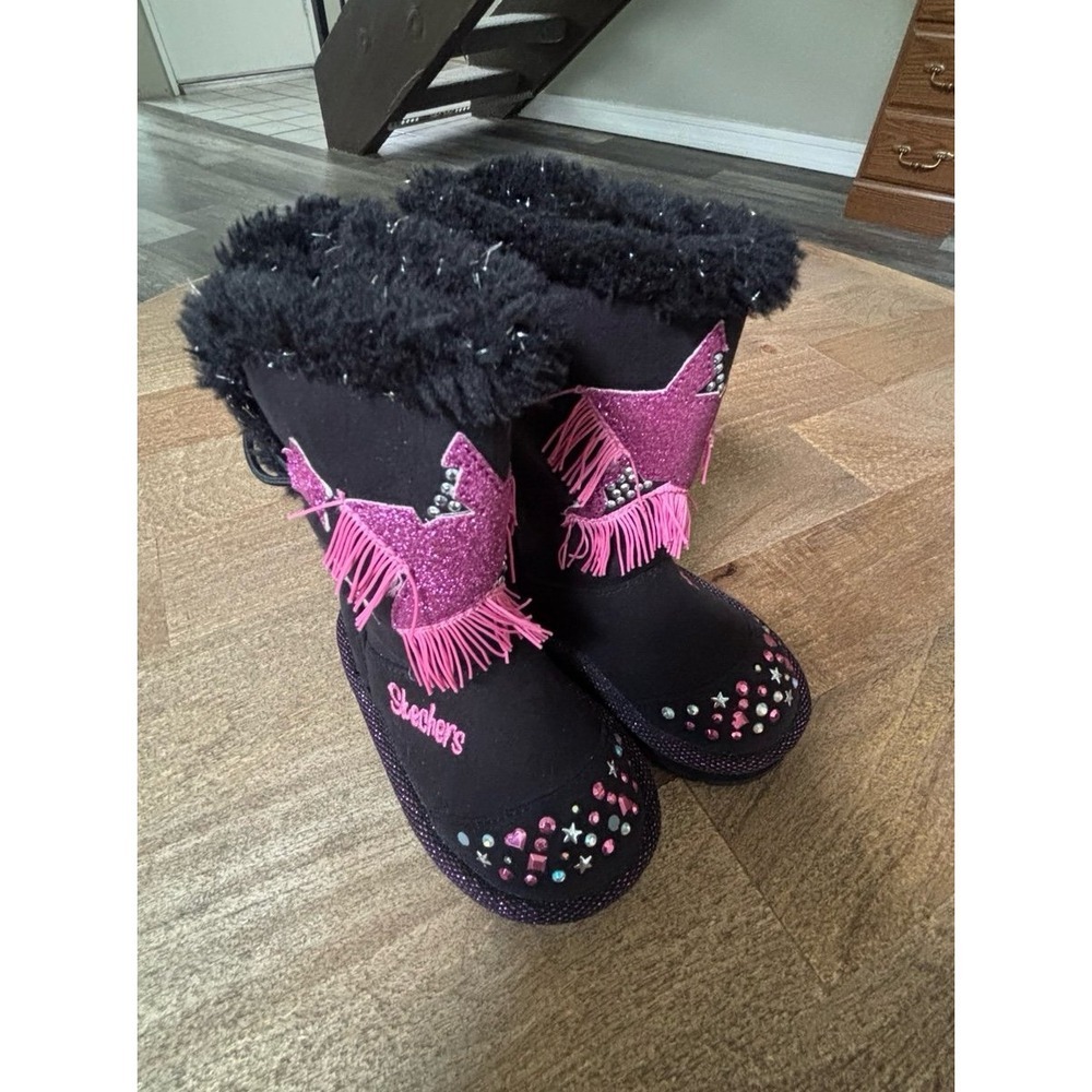 Skechers Boots Youth Girls Size 6 Twinkle Toes Faux Fur‎ Black